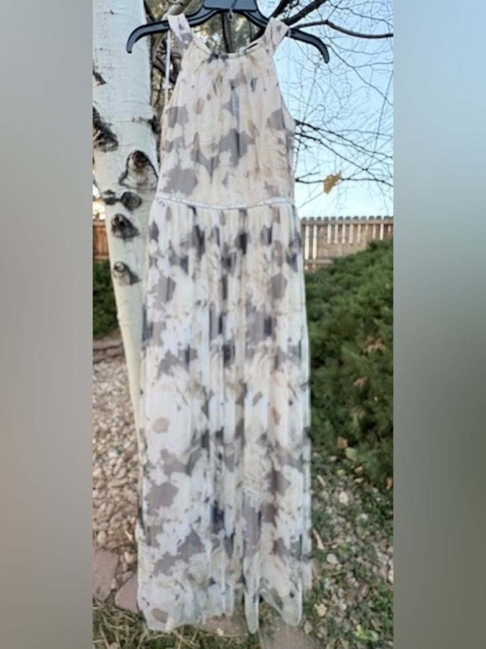 NWOT Tulle Evening Dress Beige/Taupe/sepia Floral Print Sequins Detail, sz PS